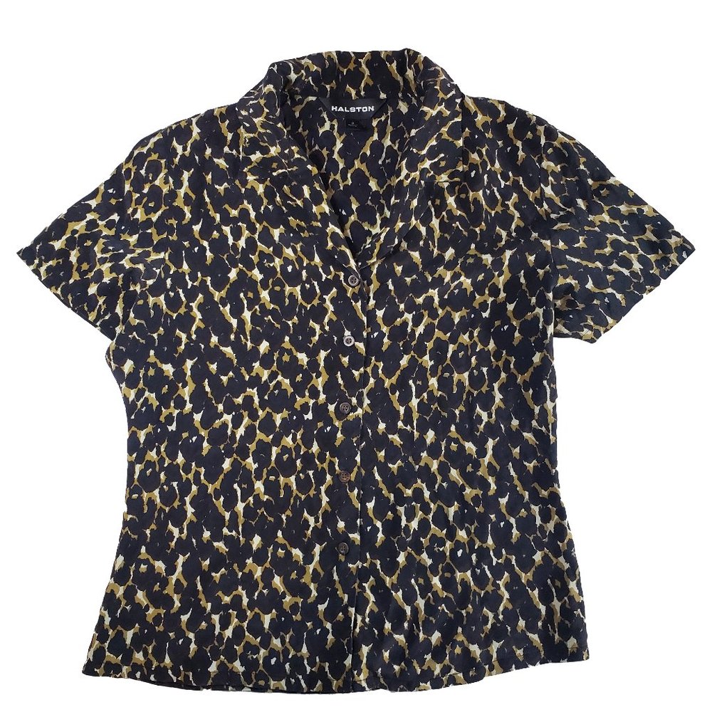 Halston 100% Silk Short Sleeve Cheetah Print Shirt